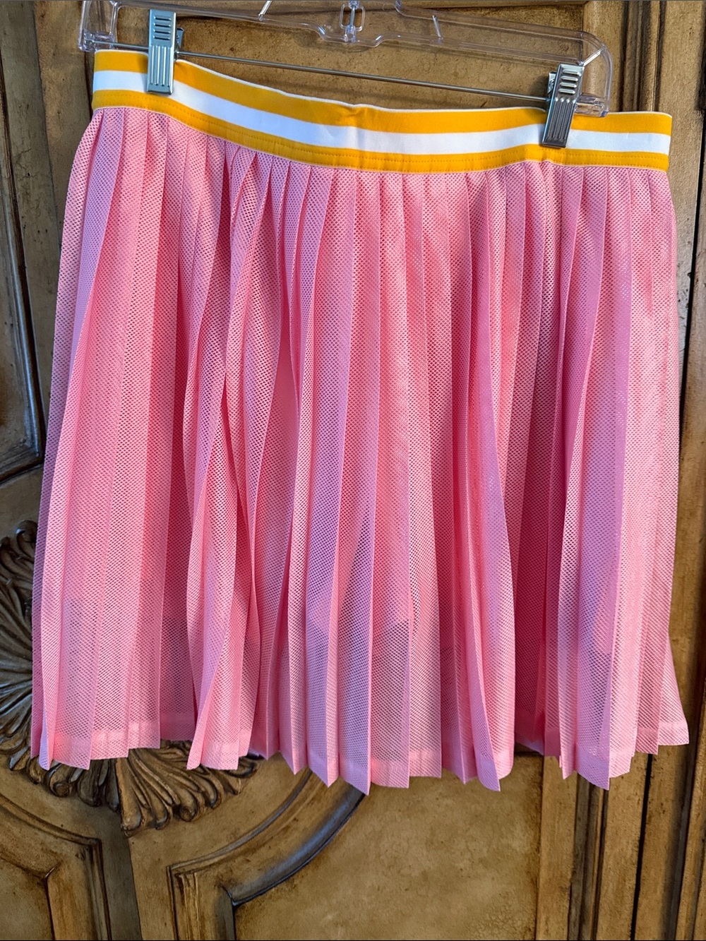 J. Crew Pink Pleated Mesh Skirt with Yellow-Trim Waistband